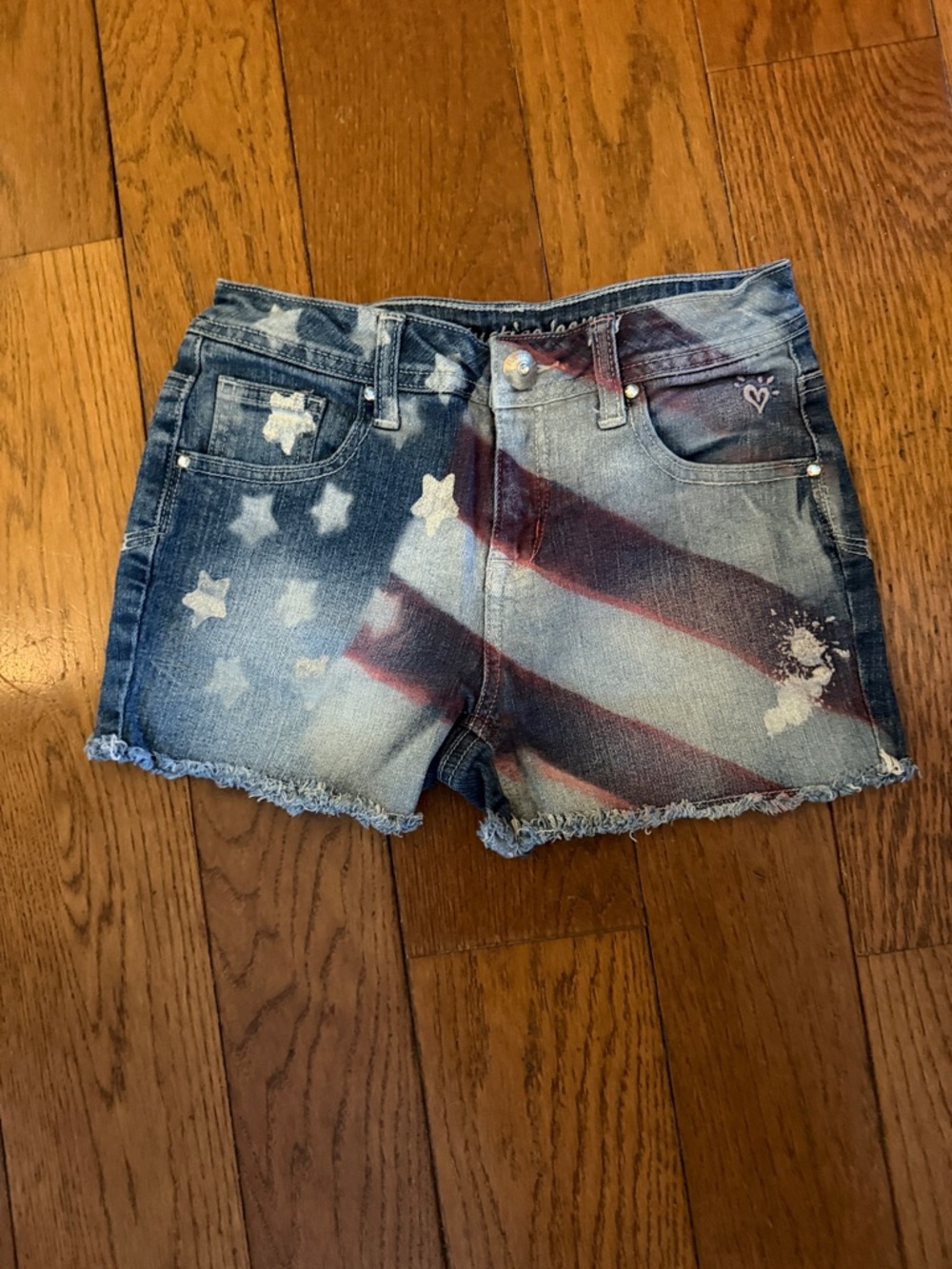 Justice Denim Jean Shorts with Star & Stripes Print - Blue Red White